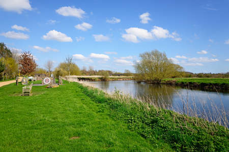 View along the River Tame with the Combined Operations Command to the left at the National Memorial Arboretum, Alrewas, Staffordshire, England, UK, Western Europe.のeditorial素材