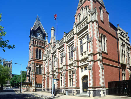 View of the Victorian Town Hall with its decorative clock tower in King Edward Place, Burton upon...