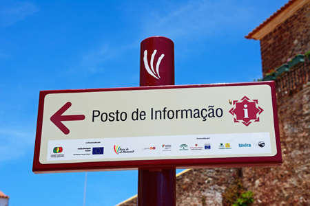 Tourists information sign outside the city gate building (Torreao das Portas da Cidade) in the town centre, Silves, Portugal, Europe.のeditorial素材