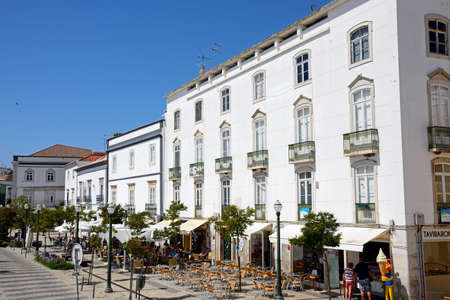 Elevated view of pavement cafes along the Praca da Republica, Tavira, Algarve, Portugal, Europe.のeditorial素材