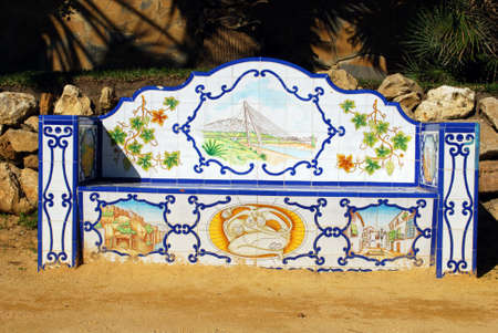Ornate ceramic tiled bench along Daitona beach promenade, Marbella, Costa del Sol, Malaga Province, Andalucia, Spain, Europe.のeditorial素材