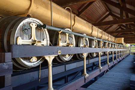 Fermentation vessel and barrels at the National Brewery Centre, Burton upon Trent, Staffordshire,...