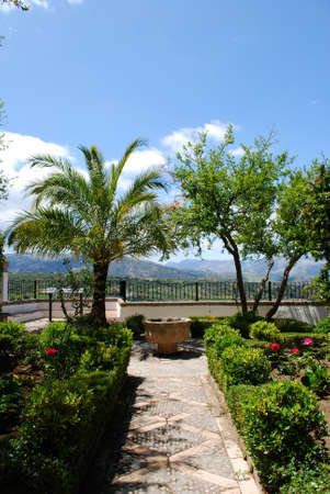 RONDA, SPAIN - MAY 13, 2008 - View of the Mondragon Palace garden with views across the countryside, Ronda, Malaga Province, Andalucia, Spain, Europe, May 13, 2008.のeditorial素材