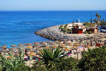 Elevated view of the beach and sea, Benalmadena, Spain.のeditorial素材