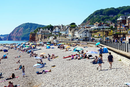SIDMOUTH, UK - AUGUST 11, 2022 - Tourists relaxing on the beach with town buildings on the hill and views along the coast, Sidmouth, Devon, UK, Europe, August 11, 2022.のeditorial素材