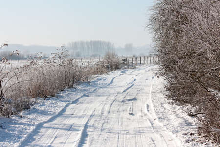 Snowy lane in Aisne, Picardy Region of Franceの写真素材