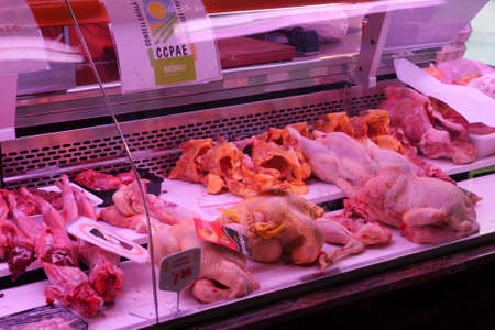 Chicken and meat stall at Boqueria, barcelonaのeditorial素材