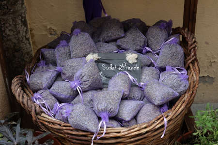 Lavender pouches for sale in a shopの写真素材