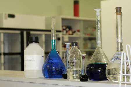 Vials and flasks of chemicals in a laboratory