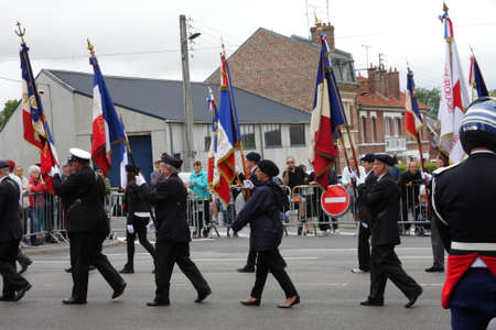 Former fighter marching for the national day of 14 July commemorating the French Revolution.Saint Quentin in Picardie region of Franceのeditorial素材