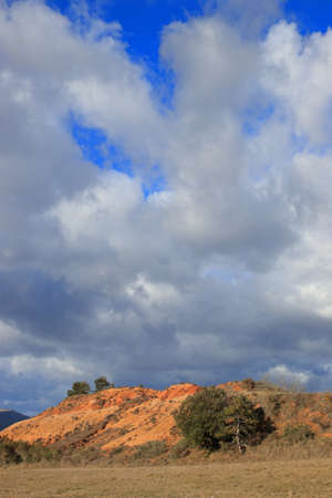 Red ochre lands or ocher lands in Corbieres, Aude, Occitanie in south of France