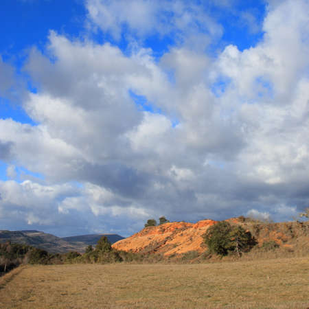 Red ochre lands or ocher lands in Corbieres, Aude, Occitanie in south of France