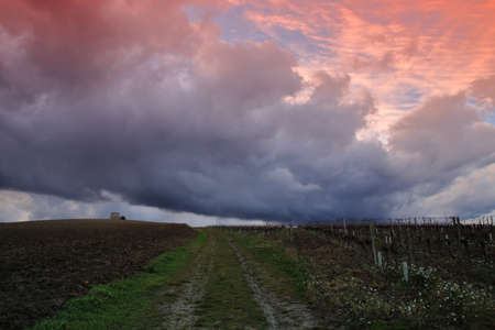 Dramatic cloudy sky in countryside, Aude in south of Franceの写真素材