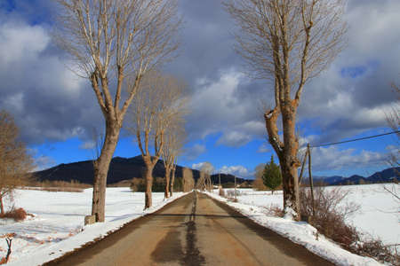 Road in winter landscape in Aude, Pyrenees in south of Franceの写真素材