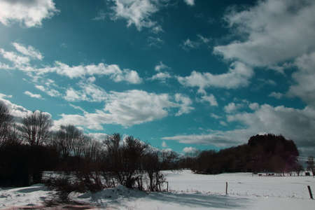 snowy countryside and  turquoise sky in Pyrenees. Aude  in south of Franceの写真素材