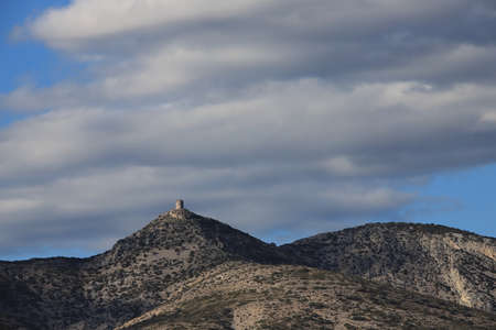 isolated tower in mediterranean landscape in Fenouilledes,  Pyrenees orientales in south of Franceの写真素材