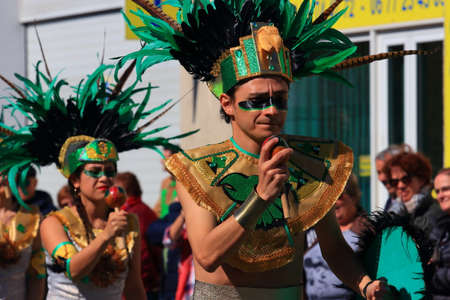 Mexican dancers disguised as Indian at the carnival of Limoux in the Aude, Languedoc in the south of Franceのeditorial素材
