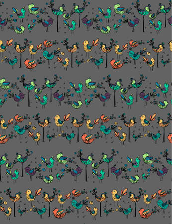 Seamless colorful pattern with birds on a gray background. Vector illustrationのイラスト素材