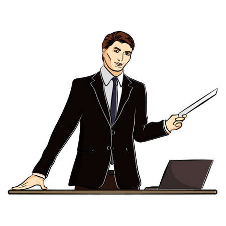 Vector illustration Businessman with documents and a laptop at the tableのイラスト素材