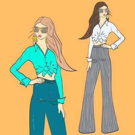 Fashion girl retro 1970s. Vector illustrationのイラスト素材