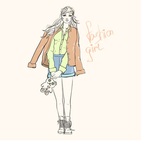 Fashion girl with a bear. Vector illustrationのイラスト素材