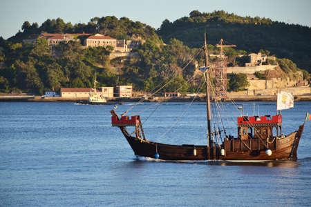 Old wooden boat on a riverのeditorial素材