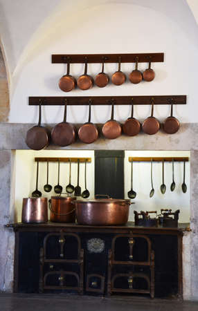 Kitchen copper utensil - royal kitchen in National Palace of Sintra, Portugalのeditorial素材