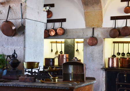 Kitchen copper utensil - royal kitchen in National Palace of Sintra, Portugalのeditorial素材