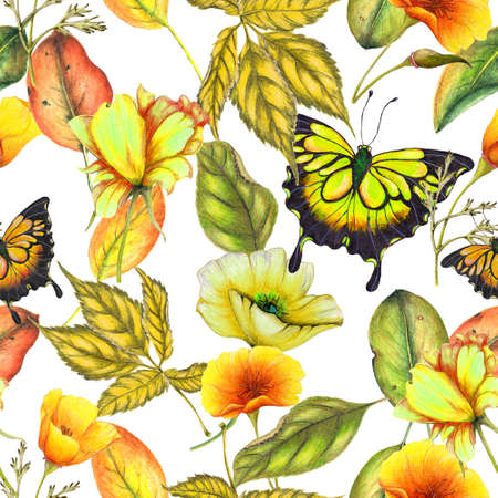Seamless pattern of hand drawn wildflowersの写真素材