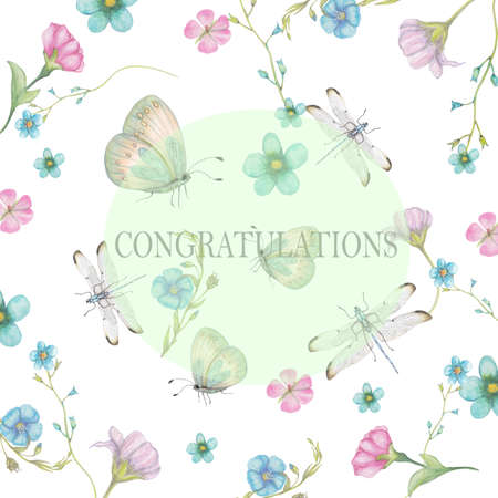 Watercolor greeting card with garden wildflowersの写真素材