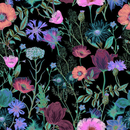 Seamless pattern of neon garden flowersの写真素材