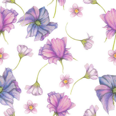 Seamless pattern of purple garden flowersの写真素材