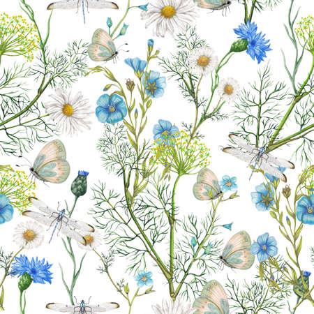 Hand drawn botanical seamless pattern of garden wildflowers,plantsの写真素材