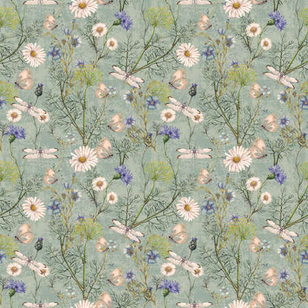 Hand drawn botanical seamless pattern of garden wildflowers,plants on grunge backgroundの写真素材