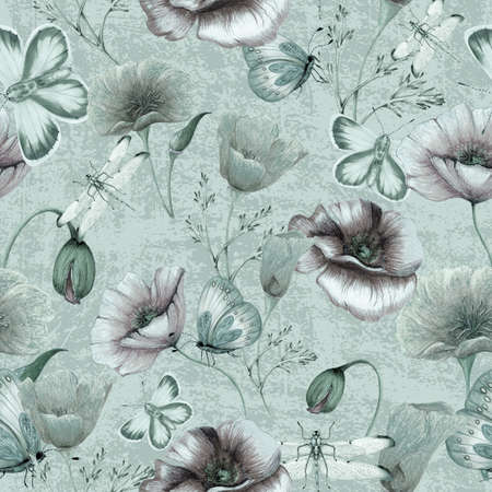 Hand drawn botanical seamless pattern of poppies,insects on grunge backgroundの写真素材