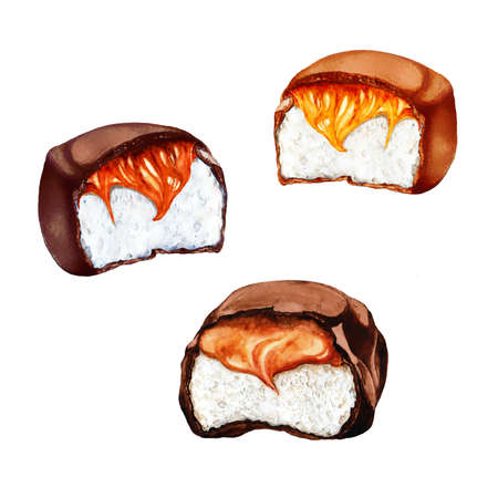 Watercolor isolated set of chocolate marshmallows with caramelの写真素材