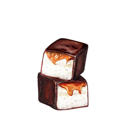 Watercolor isolated set of chocolate marshmallows with caramelの写真素材
