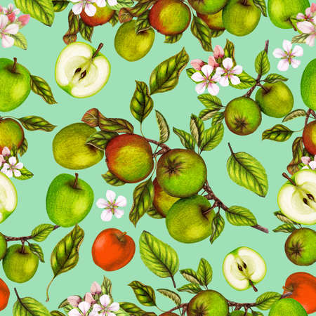 Seamless botanical pattern of hand drawn applesの写真素材