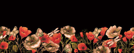Watercolor seamless banner of watercolor poppies,Seamless floral borderの写真素材