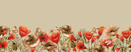 Watercolor seamless banner of watercolor poppies,Seamless floral borderの写真素材