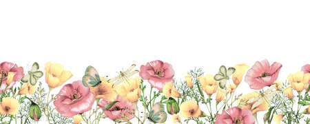 Watercolor seamless banner of watercolor poppies,Seamless floral borderの写真素材