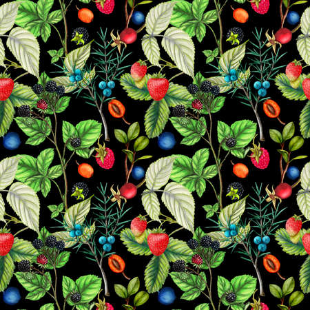 Botanical repeat pattern of hand drawn berries
