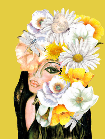 Floral Nymph, Flower Girl, Mixed media paintingの写真素材