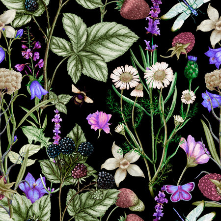Beautiful hand drawn pattern with nice watercolor wild flowers on a black backgroundの写真素材