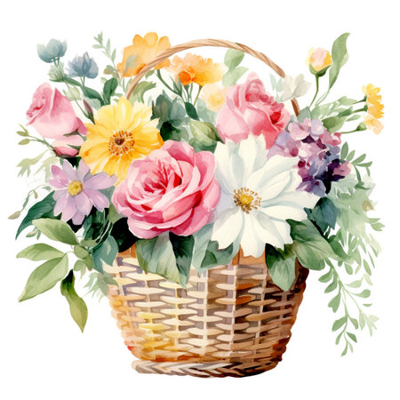 Basket with flowers. Watercolor Floral Illustrationの素材