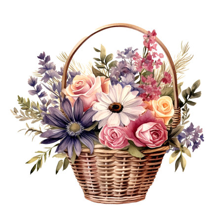Basket with flowers. Watercolor Floral Illustrationの素材