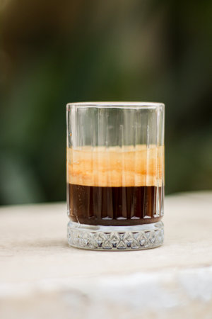 Espresso coffee in a glass on the table, stock photoの写真素材