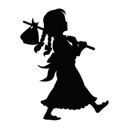Girl walking with a Hobo stick over her Shoulderのイラスト素材