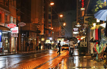 Istanbul, Turkey - June, 2011: Night street scene in Istanbul after the rains, lanscape, copy space and crop areaのeditorial素材