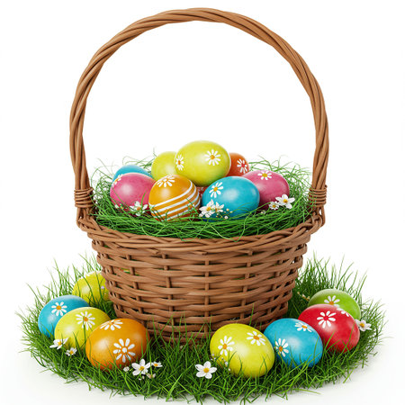 Wicker basket with colorful Easter eggs on green grass isolated on white backgroundの素材